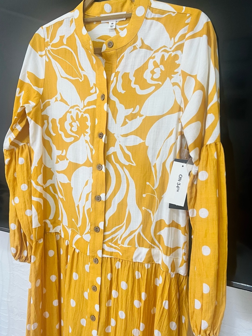 Yellow and White Polka Dot Button Front Drop Waist Maxi Dress No Belt XS NWT